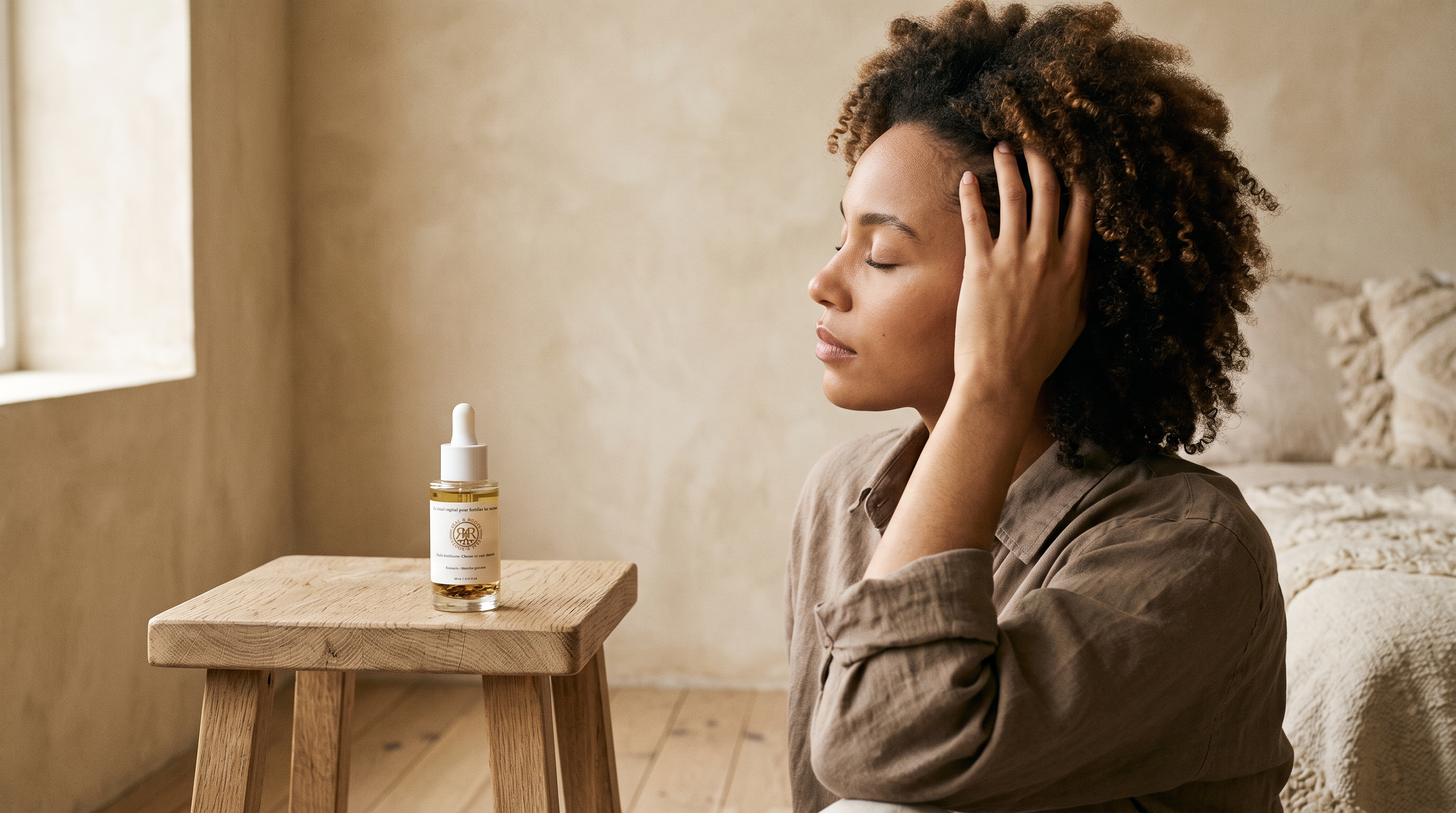 Femme aux cheveux naturels massant son cuir chevelu, flacon compte-gouttes Real & Roots posé sur une table basse en bois — Real & Roots