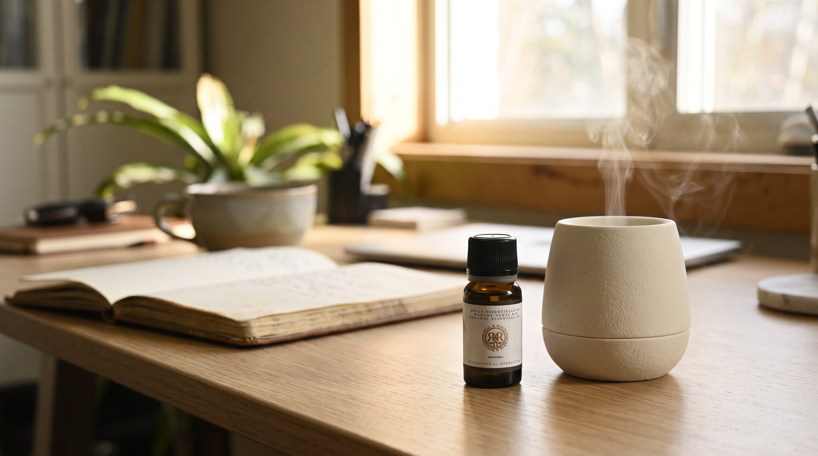 Huile essentielle de menthe Nahnah posée près d'un diffuseur en céramique sur un bureau baigné de lumière naturelle — Real & Roots