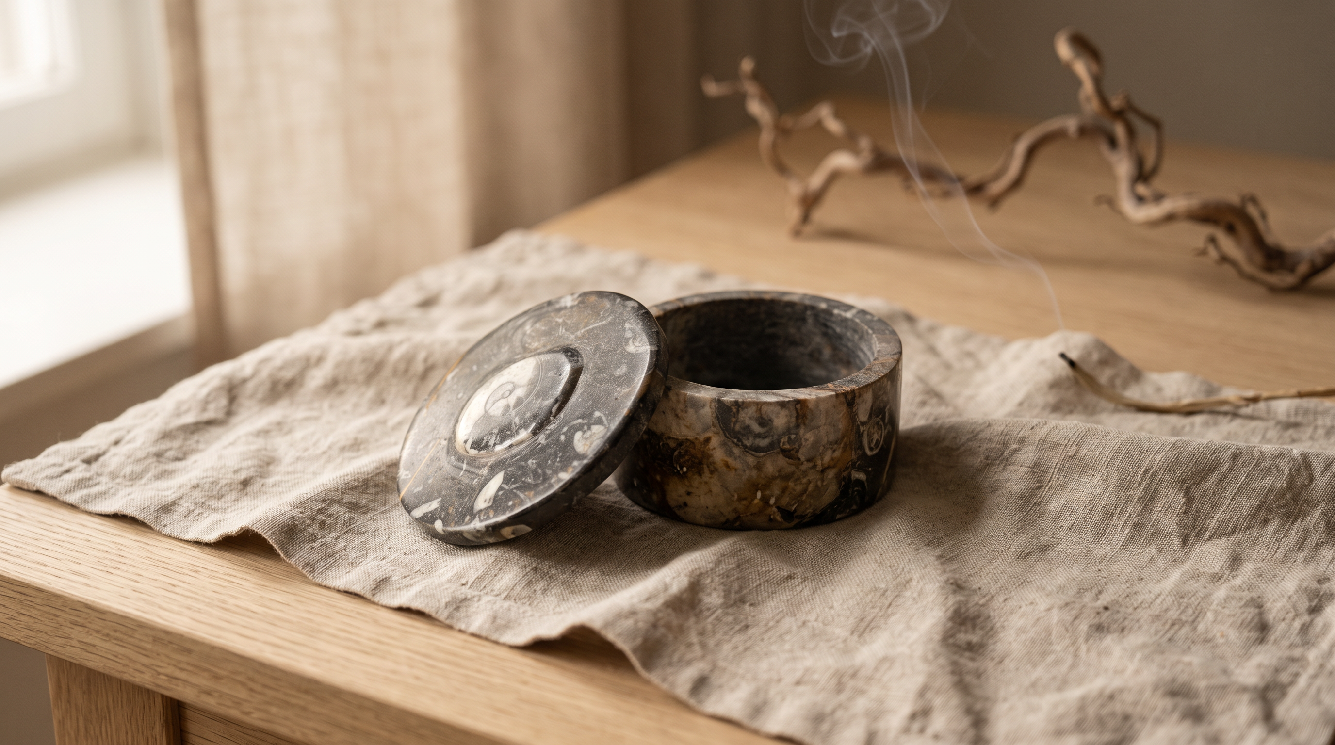 Noir Ancien, pot en marbre noir fossilisé