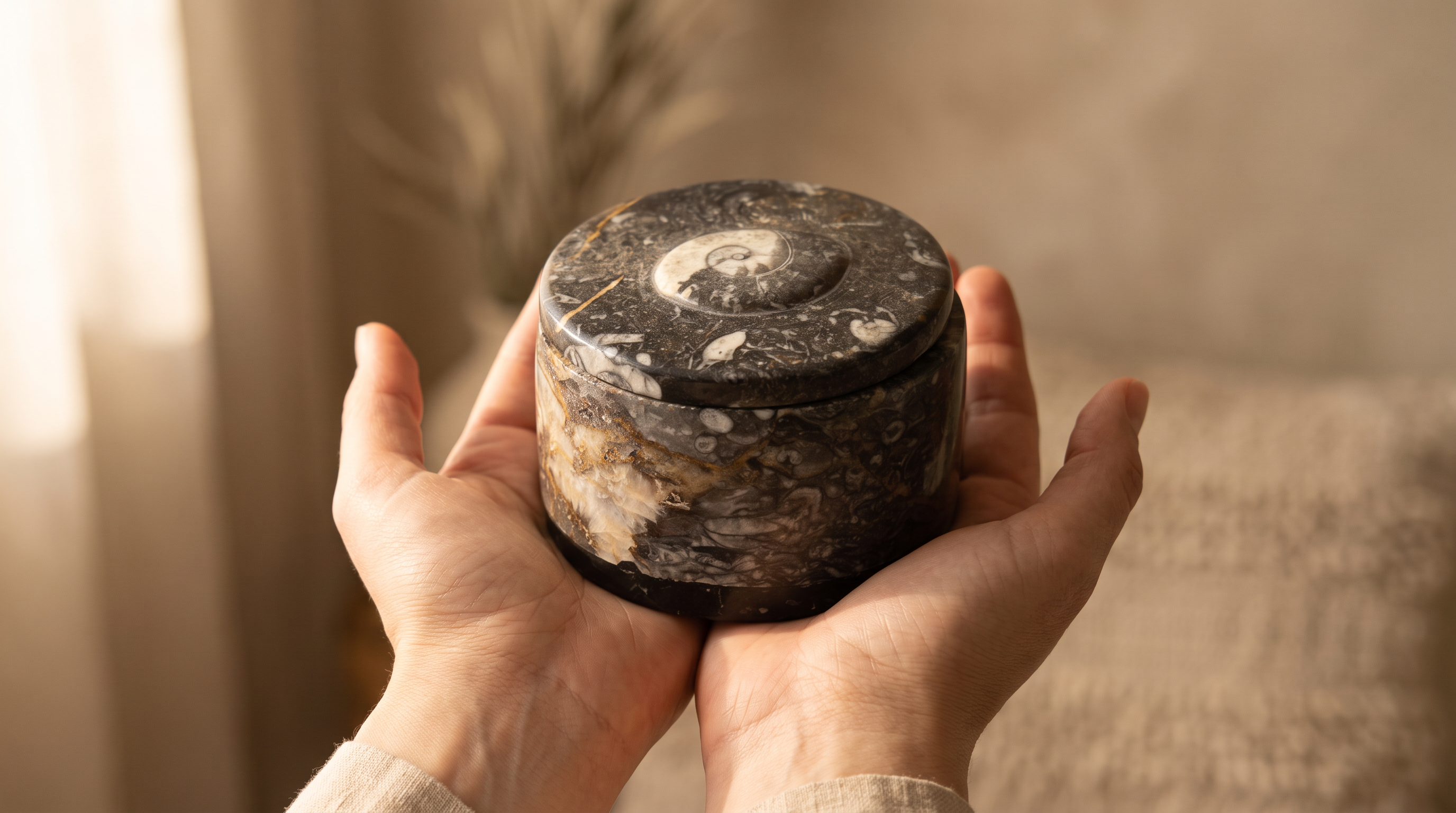 Noir Ancien, pot en marbre noir fossilisé
