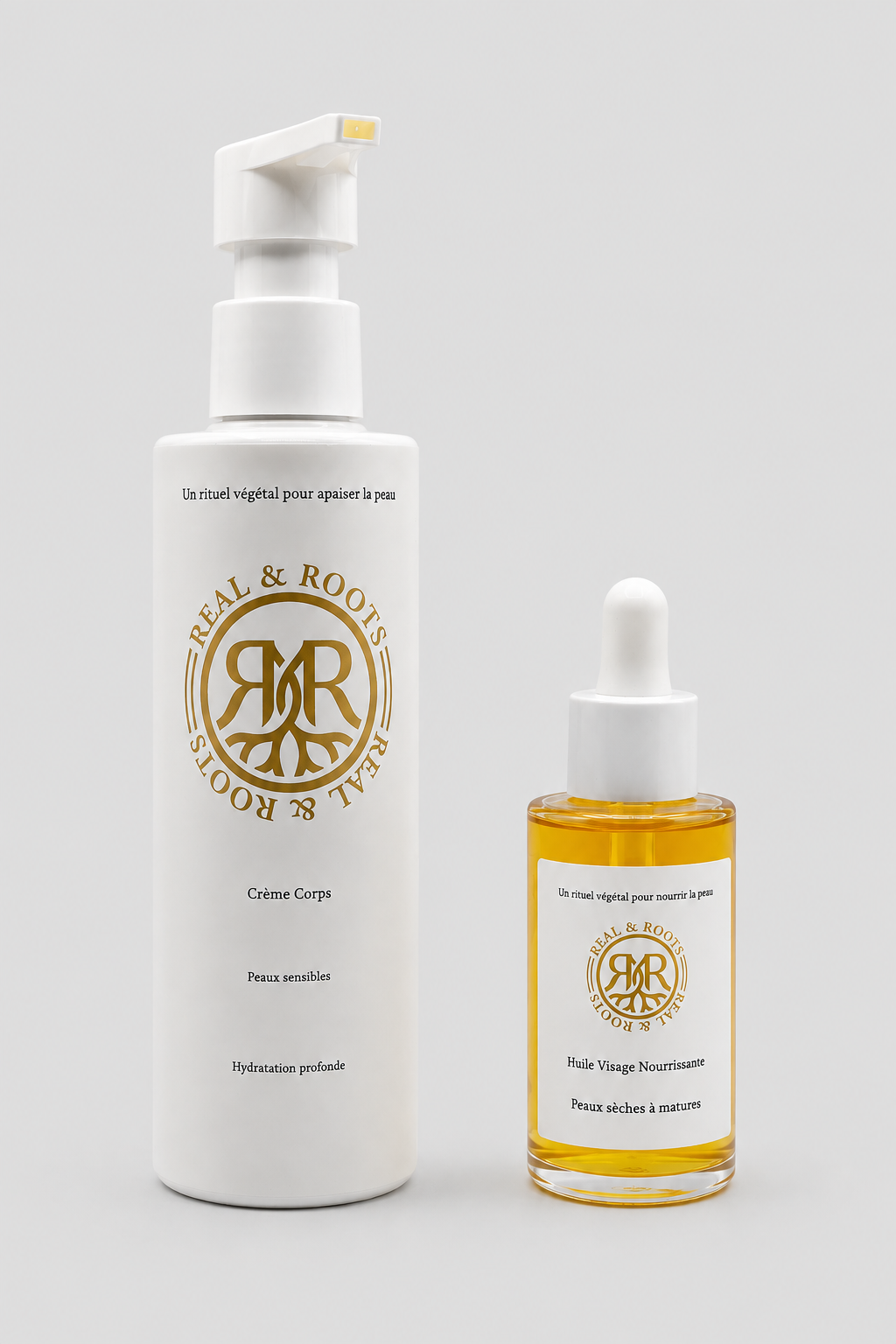 Duo de soins Real & Roots, crème corps et huile visage sur fond clair | Real & Roots