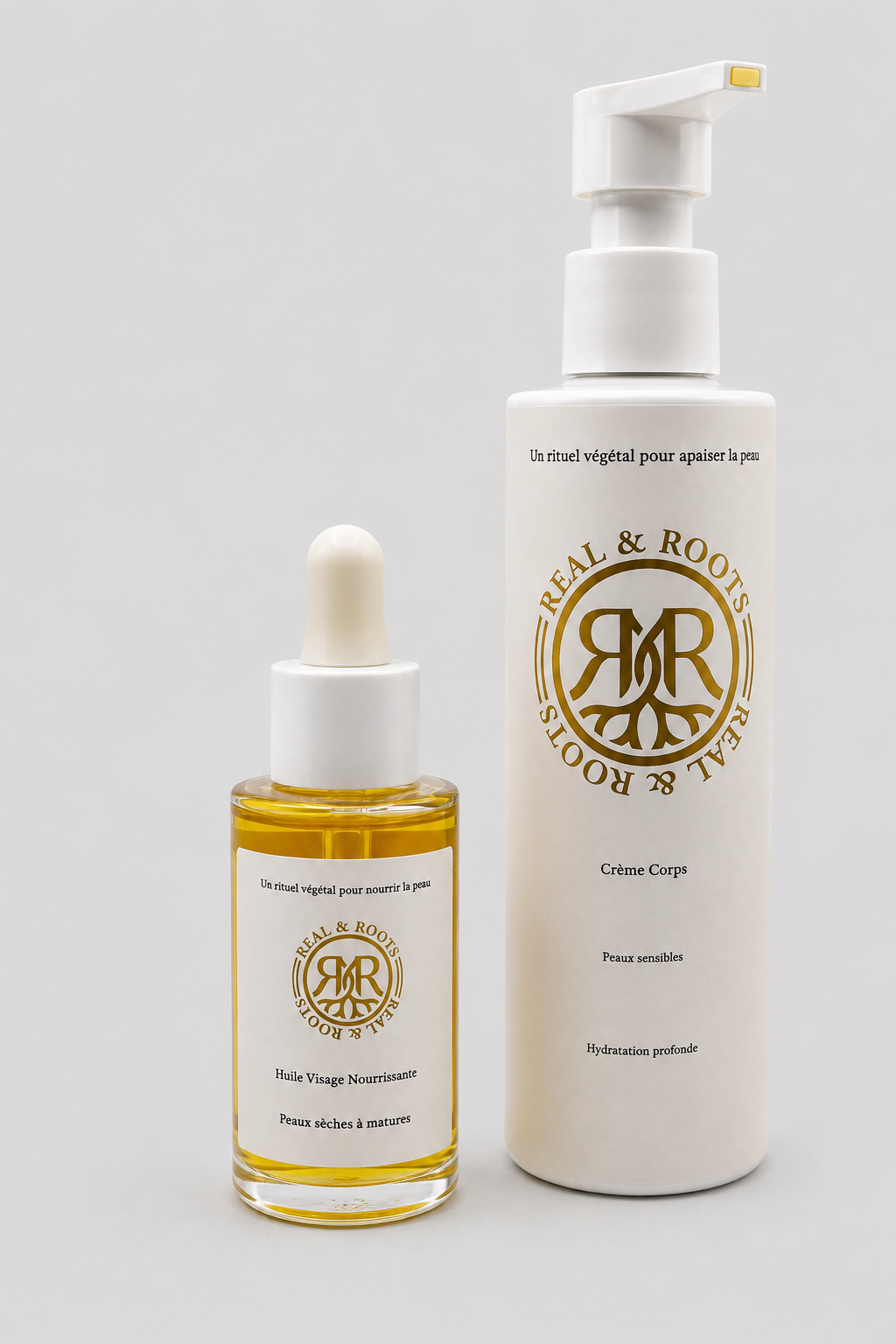 Crème corps peaux sensibles et huile visage nourrissante Real & Roots, fond gris clair | Real & Roots