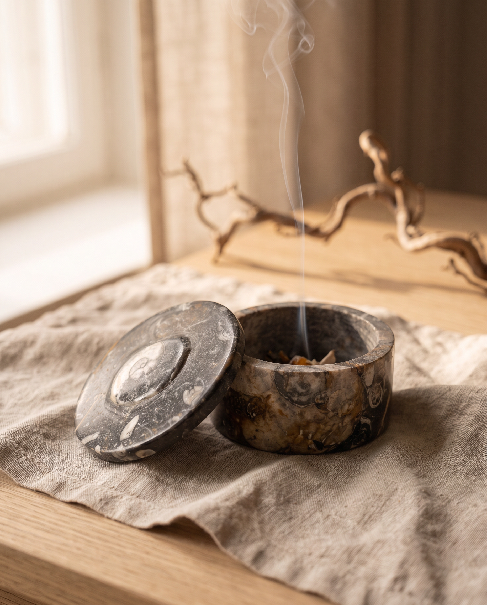 Noir Ancien, pot en marbre noir fossilisé