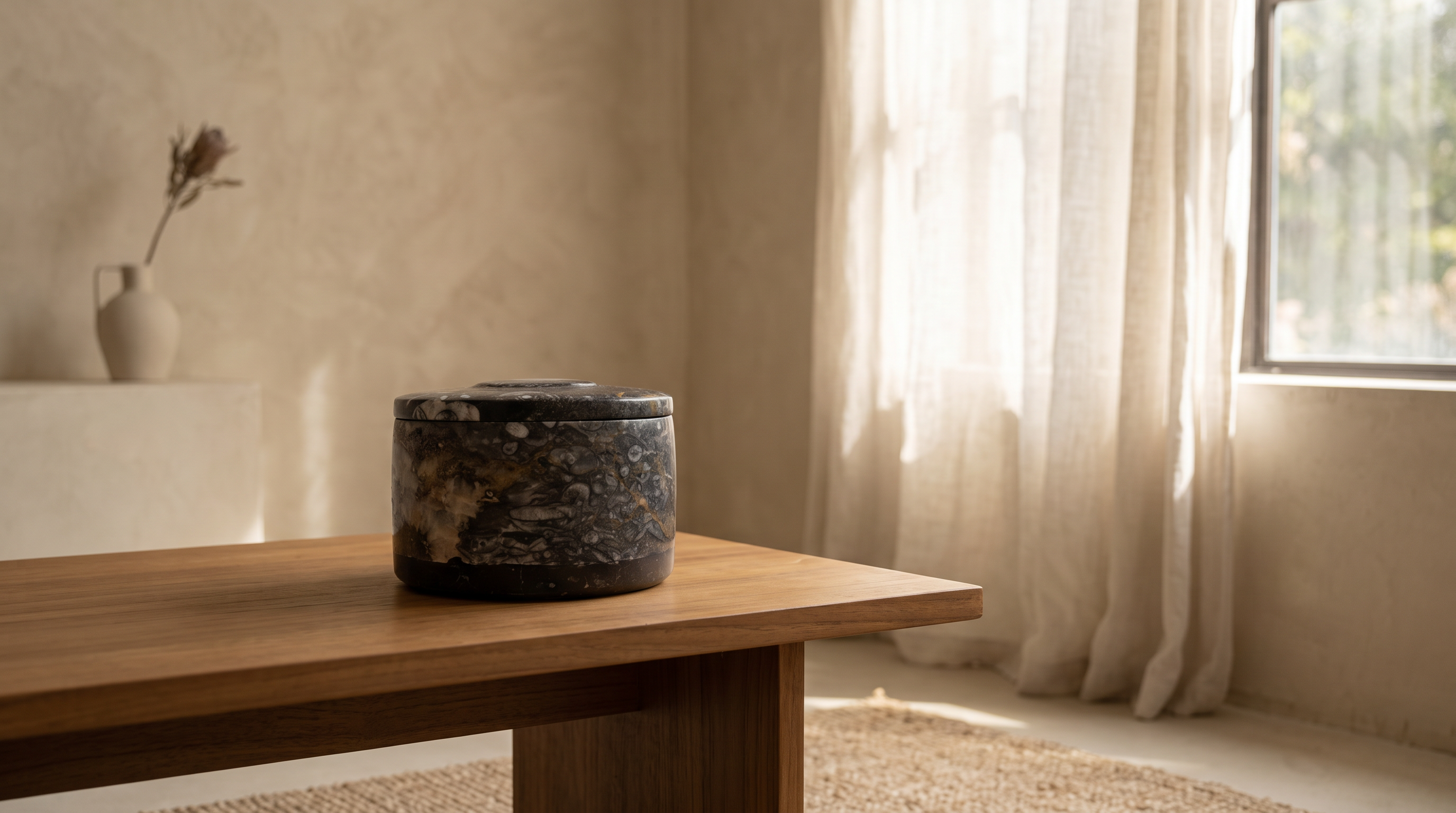 Noir Ancien, pot en marbre noir fossilisé