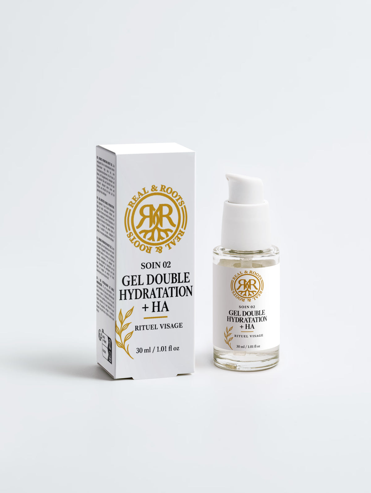 Gel hydratant à l’acide hyaluronique Real & Roots 30 ml avec son étui